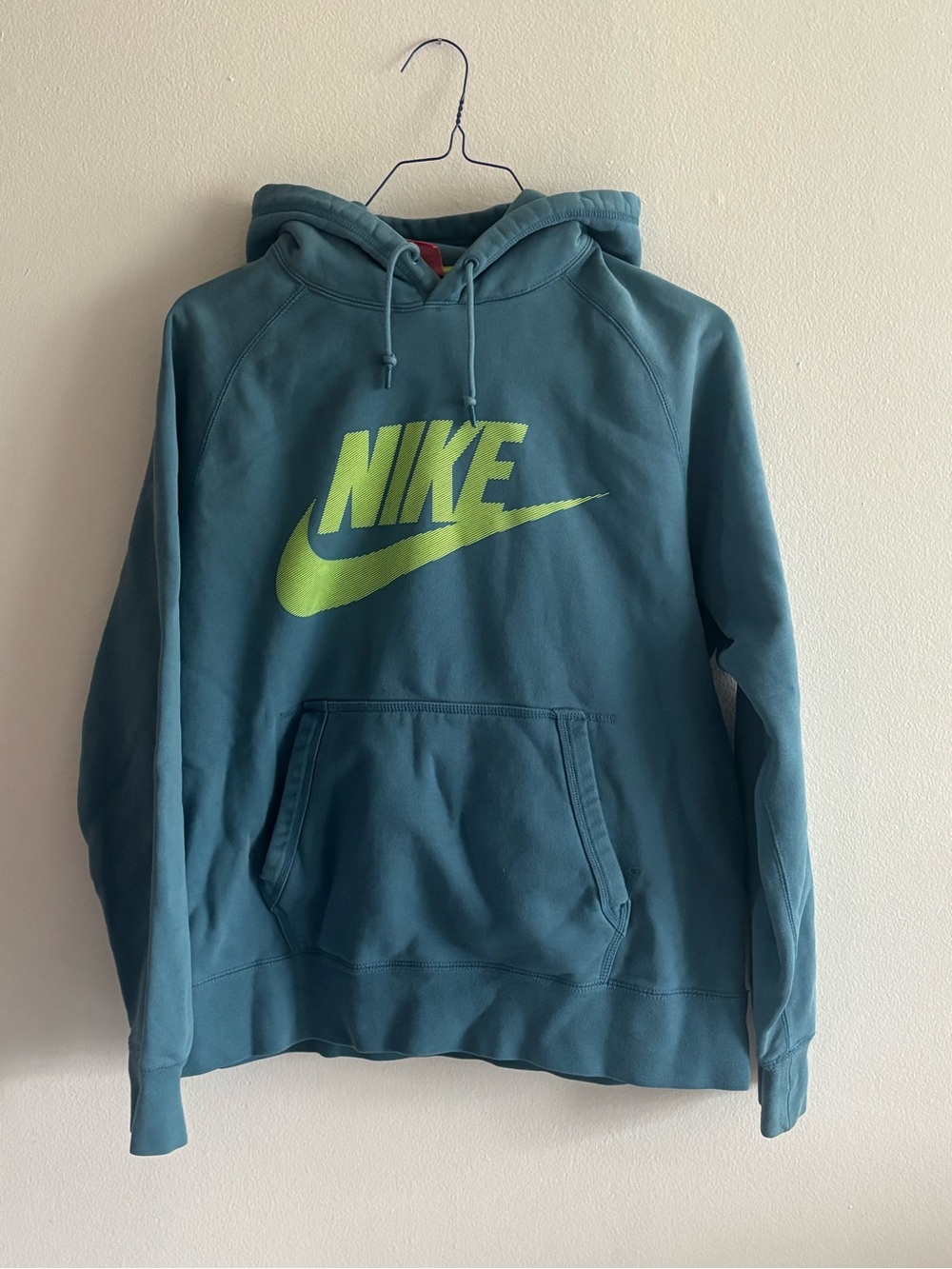 Nike Men's Teal Hoodie with Neon Green Logo